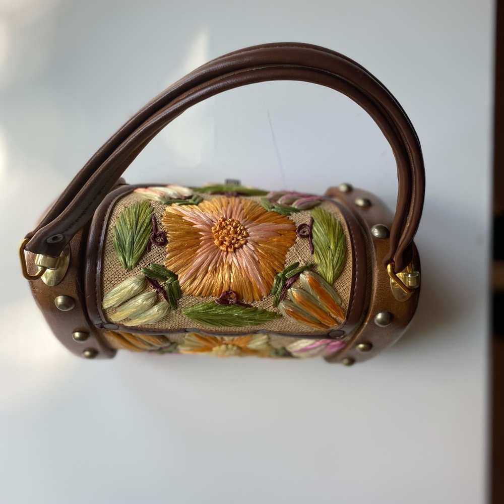 SOLD - Vintage Boho Raffia Woven Straw Floral Wooden Box Bag Purse Cabana - Picture 4 of 13